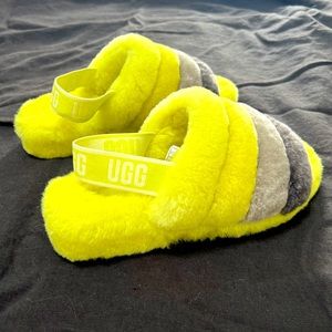 UGG Lime Green Stripe Furry Slipper Sandals - Size 9
